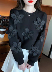 Black Zircon Patchwork Cotton Spring Sweatshirt O Neck