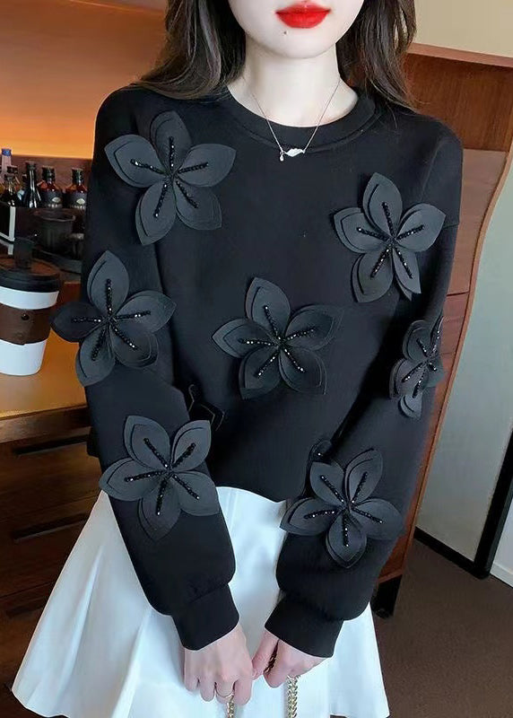 Black Zircon Patchwork Cotton Spring Sweatshirt O Neck