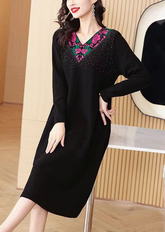 Black Zircon Patchwork Knit Winter Sweater Dress V Neck