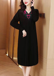 Black Zircon Patchwork Knit Winter Sweater Dress V Neck