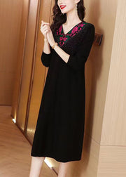 Black Zircon Patchwork Knit Winter Sweater Dress V Neck