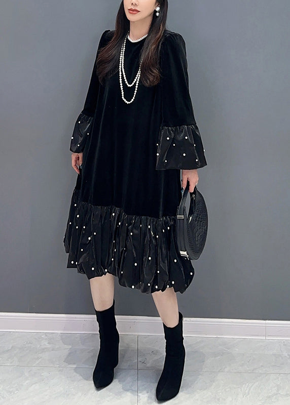 Black Zircon Patchwork Silk Velvet Dress O Neck Long Sleeve