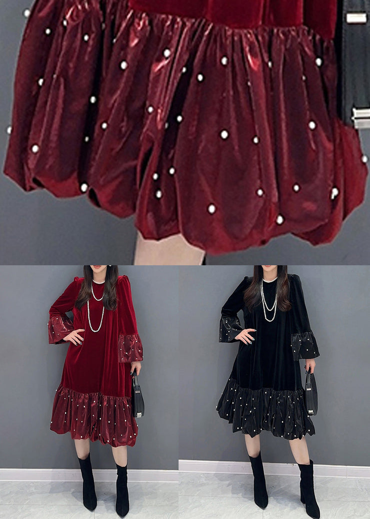 Black Zircon Patchwork Silk Velvet Dress O Neck Long Sleeve