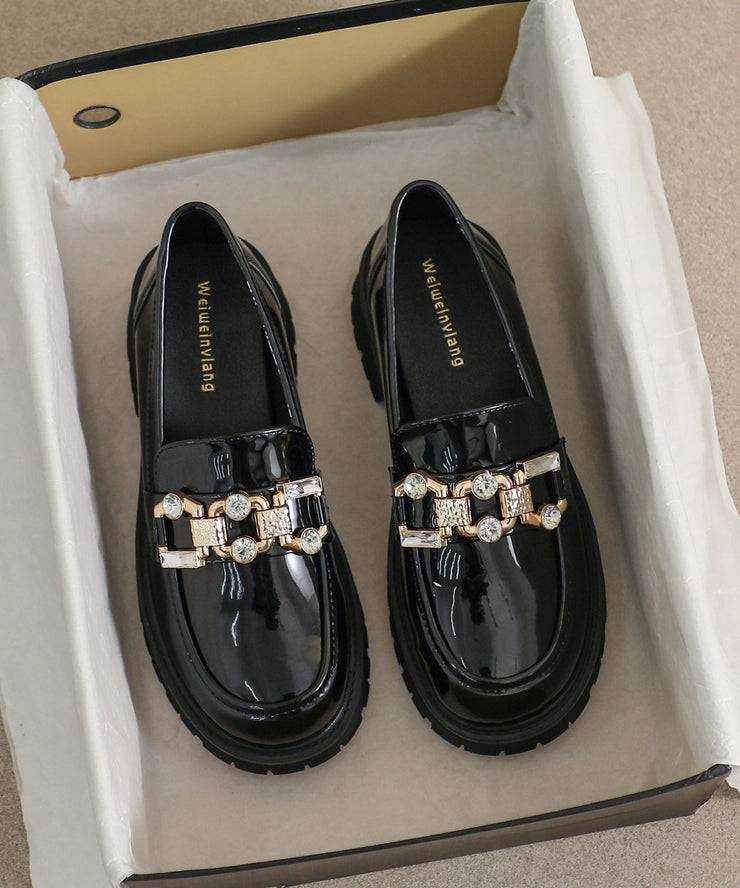 Black Zircon Platform Faux Leather Casual Splicing Loafers