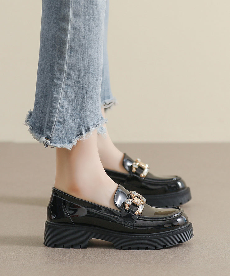 Black Zircon Platform Faux Leather Casual Splicing Loafers