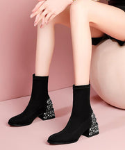 Black Zircon Splicing Stylish Suede Chunky Boots