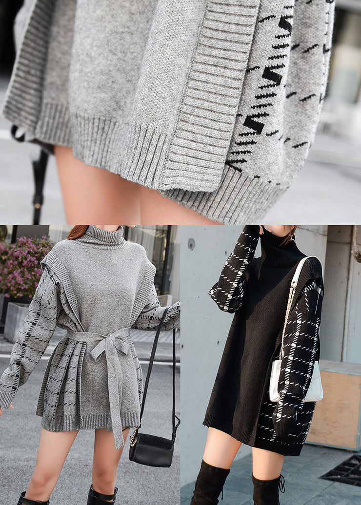 Black thick Patchwork Knitwear Dress Winter