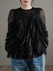 Black O-Neck Grace Patchwork Button Silk Top Long Sleeve