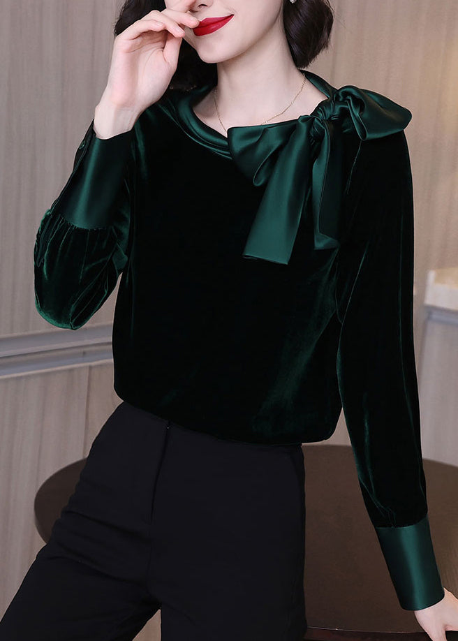 Blackish Green Bow Velour Tops Long Sleeve