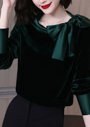 Blackish Green Bow Velour Tops Long Sleeve