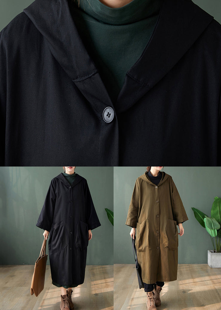 Blackish Green Button Pockets Patchwork Cotton Long Trench Coats Hooded Fall