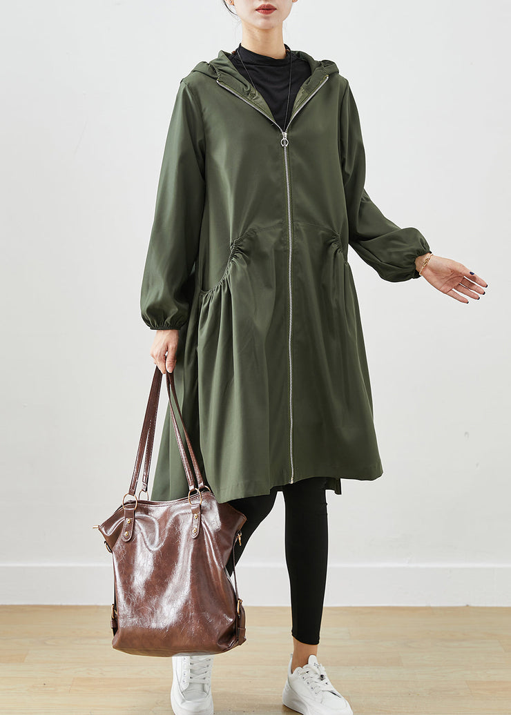 Blackish Green Cotton Coat Outwear Hooded Wrinkled Fall