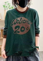 Blackish Green Hole Cotton Top O Neck Long Sleeve