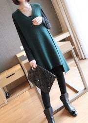 Blackish Green Knit Long Vests V Neck Low High Design Spring