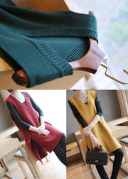 Blackish Green Knit Long Vests V Neck Low High Design Spring