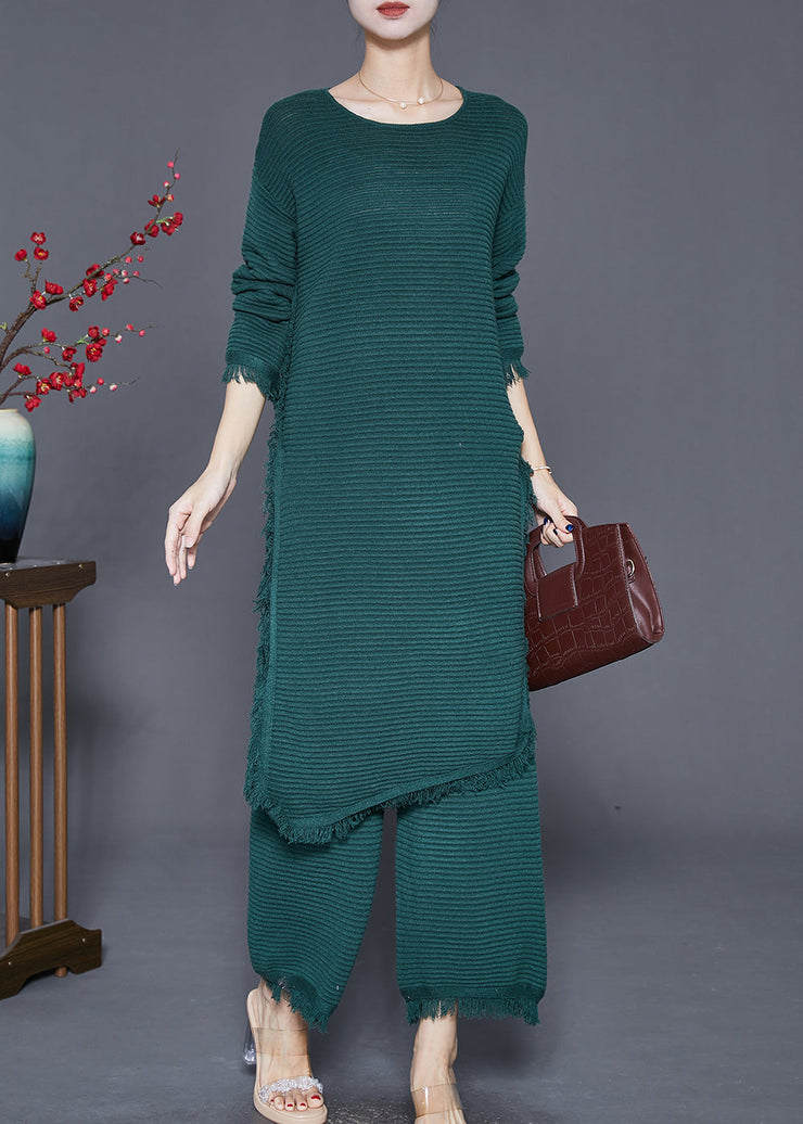 Blackish Green Knit Two Piece Set Women Clothing Tasseled Side Open Fall