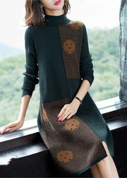 Blackish Green Patchwork Cashmere Knitted Dress Stand Collar Print Long Sleeve