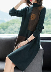 Blackish Green Patchwork Cashmere Knitted Dress Stand Collar Print Long Sleeve