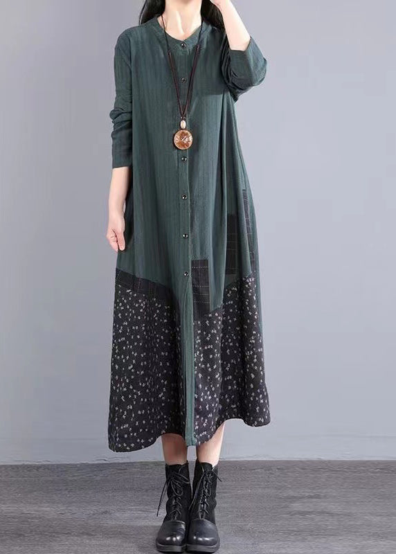 Blackish Green Patchwork Cotton Dress Stand Collar Button Fall