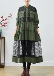 Blackish Green Patchwork Cotton Shirt Dress Hollow Out Fall