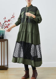 Blackish Green Patchwork Cotton Shirt Dress Hollow Out Fall