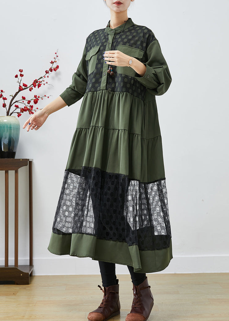 Blackish Green Patchwork Cotton Shirt Dress Hollow Out Fall