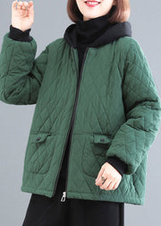 Blackish Green Patchwork Fine Cotton Filled Parka Hooded Pockets Winter