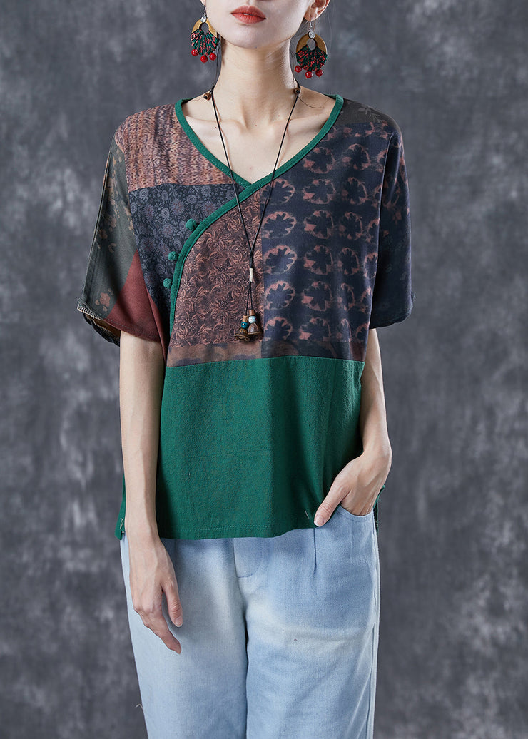 Blackish Green Patchwork Linen Blouses Oversized Print Summer