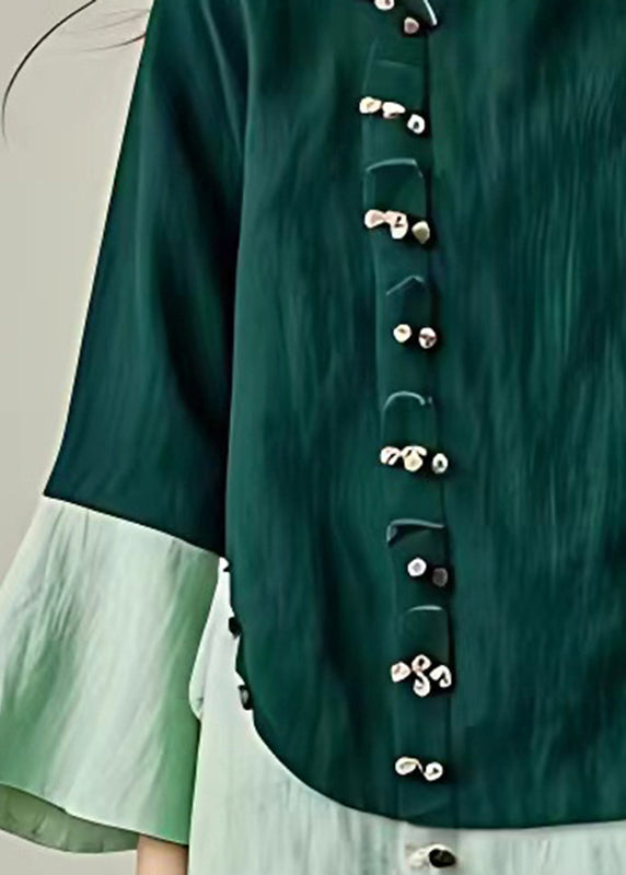 Blackish Green Patchwork Linen Top Oversized Flare Sleeve