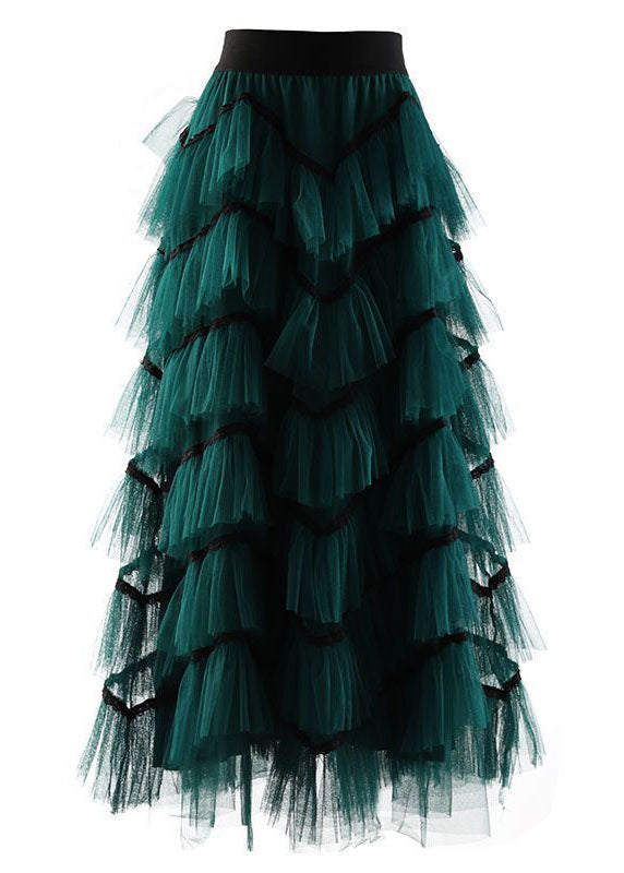 Blackish Green Patchwork Ruffled Tulle Beach Skirt Spring