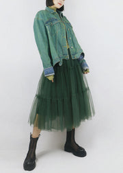 Blackish Green Patchwork Tulle Pleated Skirts High Waist Summer