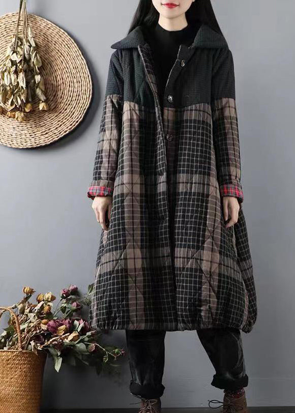 Blackish Green Pockets Plaid Patchwork Fine Cotton Filled Coats Winter