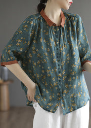 Blackish Green Print Linen Shirts Oversized Button Half Sleeve