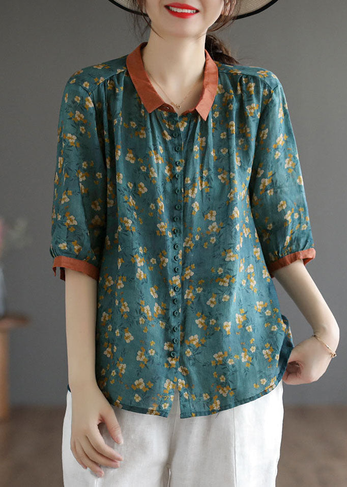 Blackish Green Print Linen Shirts Oversized Button Half Sleeve