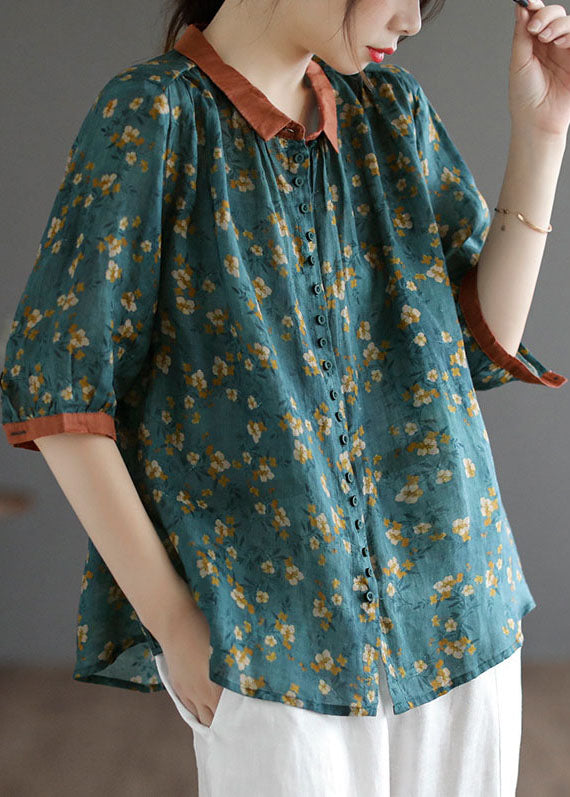 Blackish Green Print Linen Shirts Oversized Button Half Sleeve