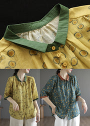 Blackish Green Print Linen Shirts Oversized Button Half Sleeve