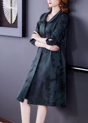 Blackish Green Print Silk Trench Hooded Pockets Long Sleeve