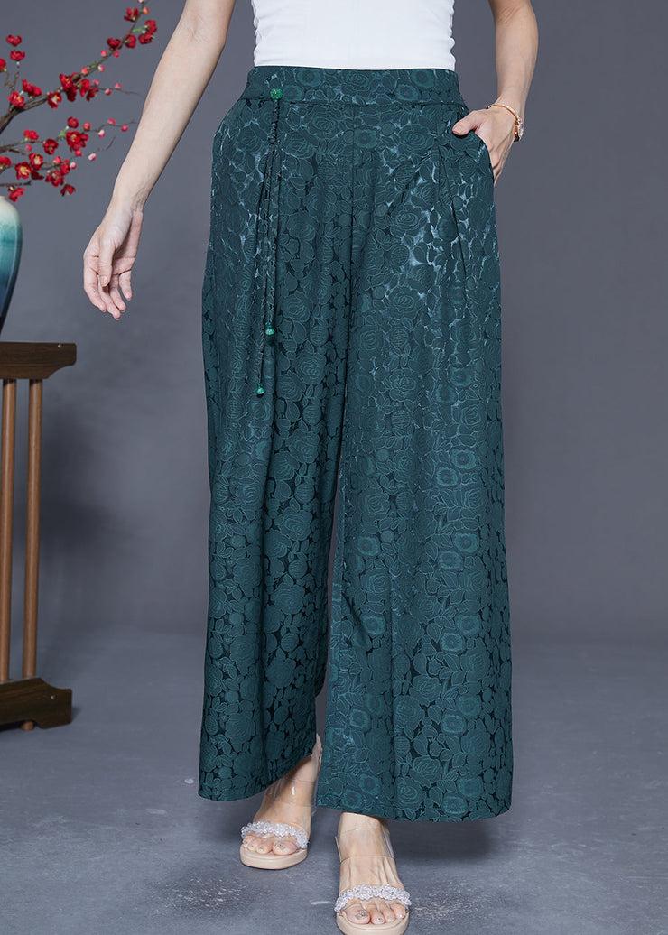 Blackish Green Silk Straight Pants High Waist Tassel Summer