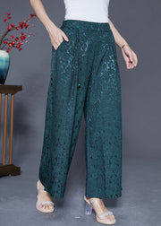 Blackish Green Silk Straight Pants High Waist Tassel Summer