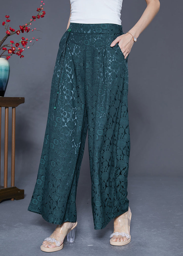 Blackish Green Silk Straight Pants High Waist Tassel Summer