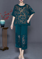 Blackish Green Silk Two Pieces Set Hollow Out Jacquard Summer