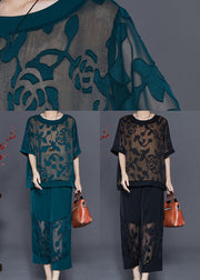 Blackish Green Silk Two Pieces Set Hollow Out Jacquard Summer