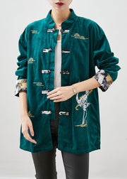 Blackish Green Silk Velour Jackets Embroidered Chinese Button Fall