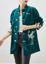 Blackish Green Silk Velour Jackets Embroidered Chinese Button Fall