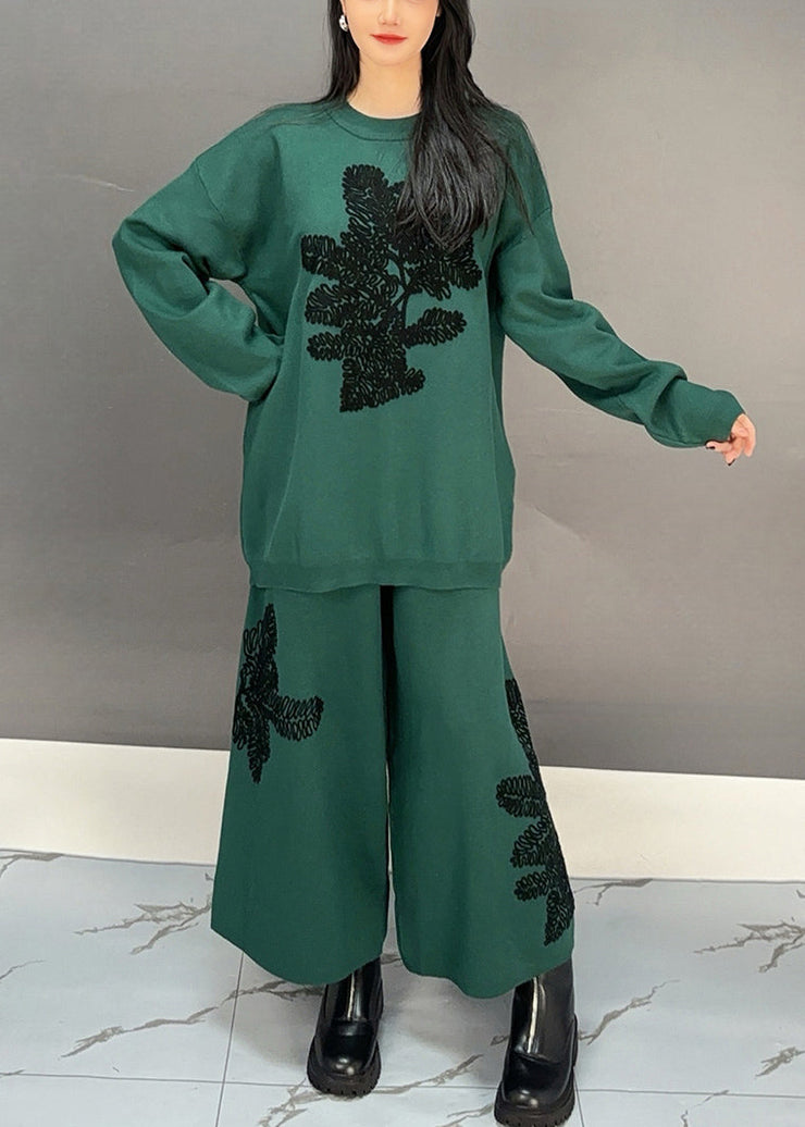 Blackish Green Sweatshirt And Wide Leg Pants Cotton Two Piece Set Embroidered Spring