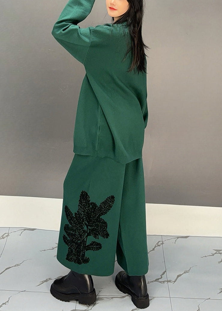 Blackish Green Sweatshirt And Wide Leg Pants Cotton Two Piece Set Embroidered Spring