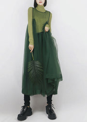 Blackish Green Tulle Long Dress Asymmetrical Exra Large Hem Sleeveless