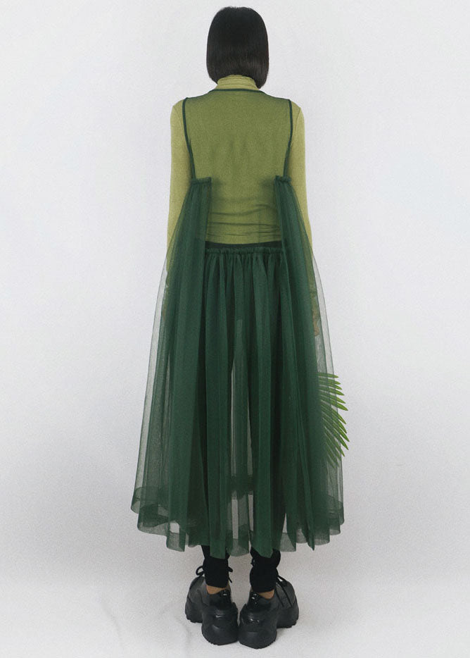 Blackish Green Tulle Long Dress Asymmetrical Exra Large Hem Sleeveless