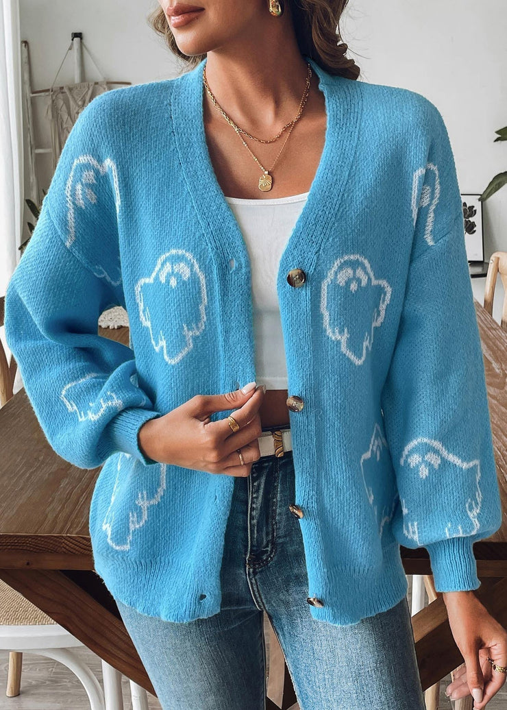 Blue Button Cozy Knit Coat V Neck Long Sleeve