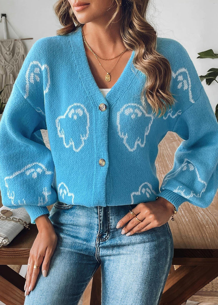 Blue Button Cozy Knit Coat V Neck Long Sleeve